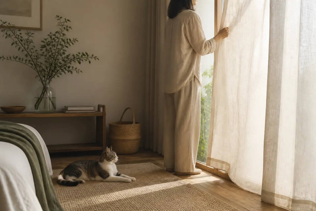 主人在家中拉上窗帘,猫咪安静陪伴在旁